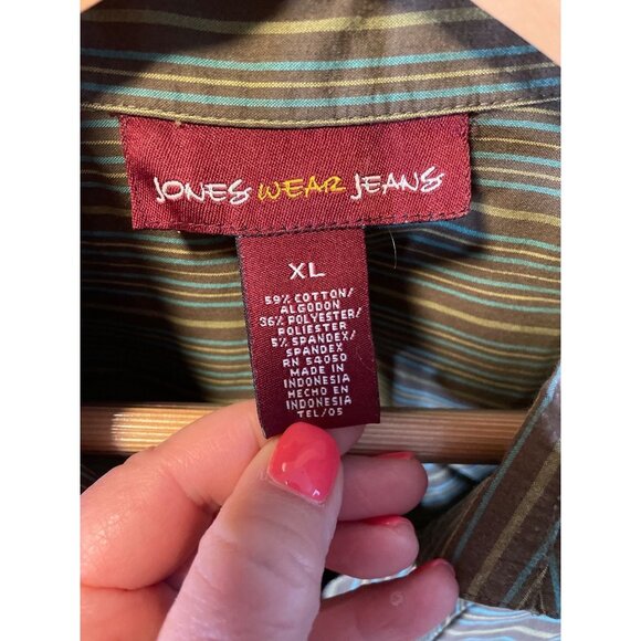 Jones Wear Jeans Fitted V Neck Collared Green Striped Blouse Top Sz XL - Picture 3 of 4